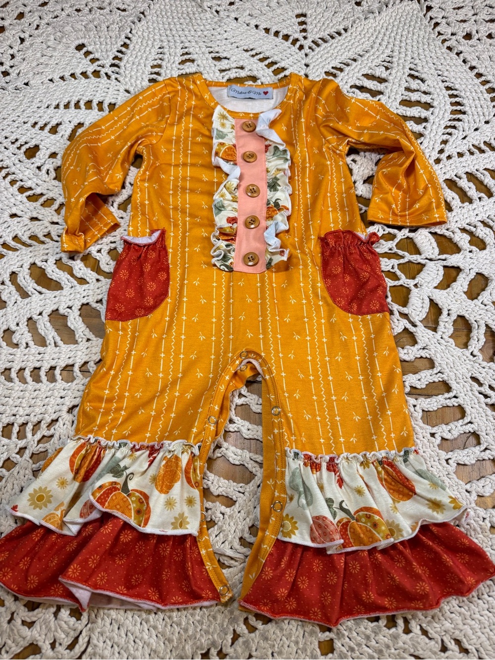 Melina & Me Girls Romper Small Pumpkin Fall Ruffle Bell Bottom Boho Harvest